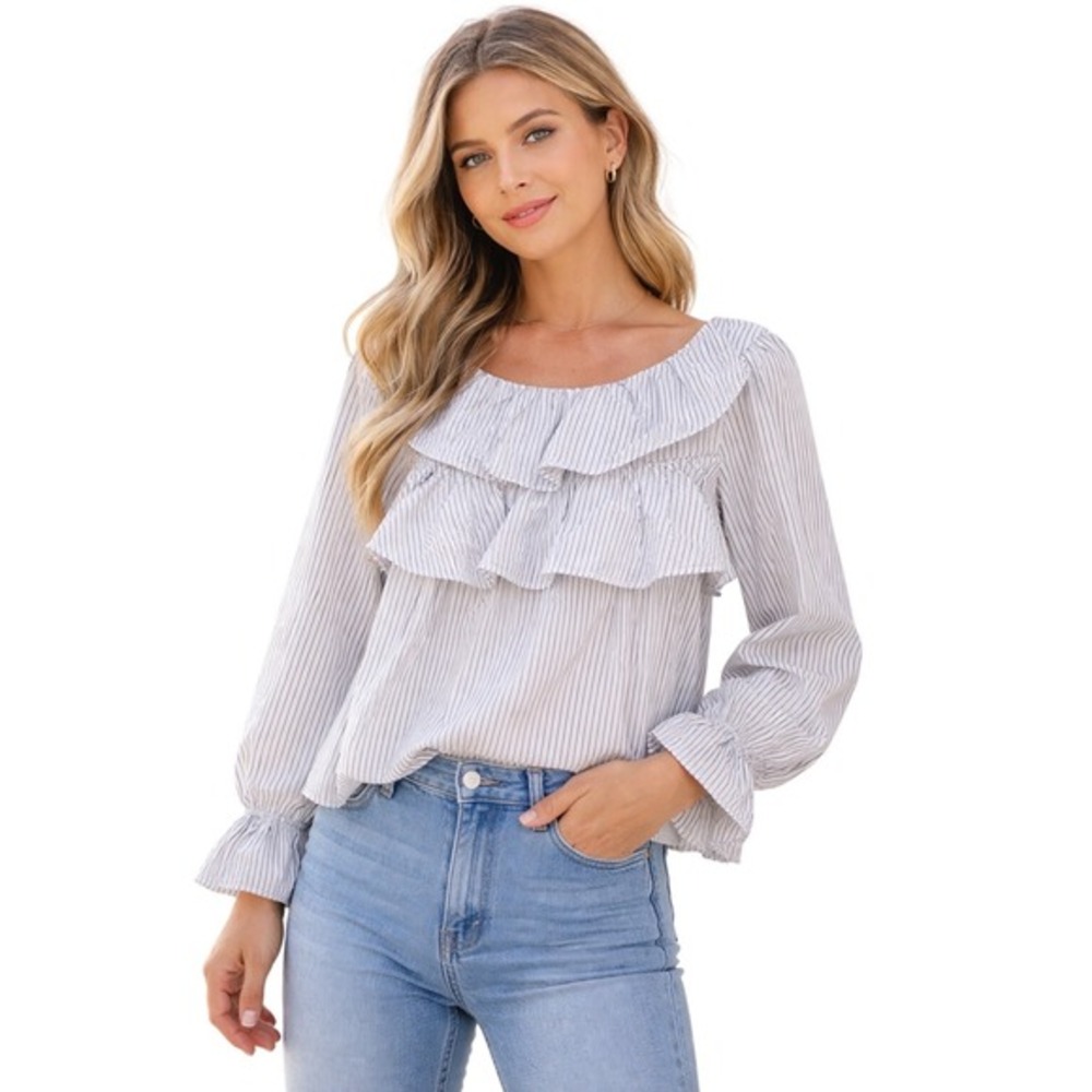 GAP Womens Striped Ruffle Neck Long Sleeve Casual Shirt Top M Cottagecore 50-20